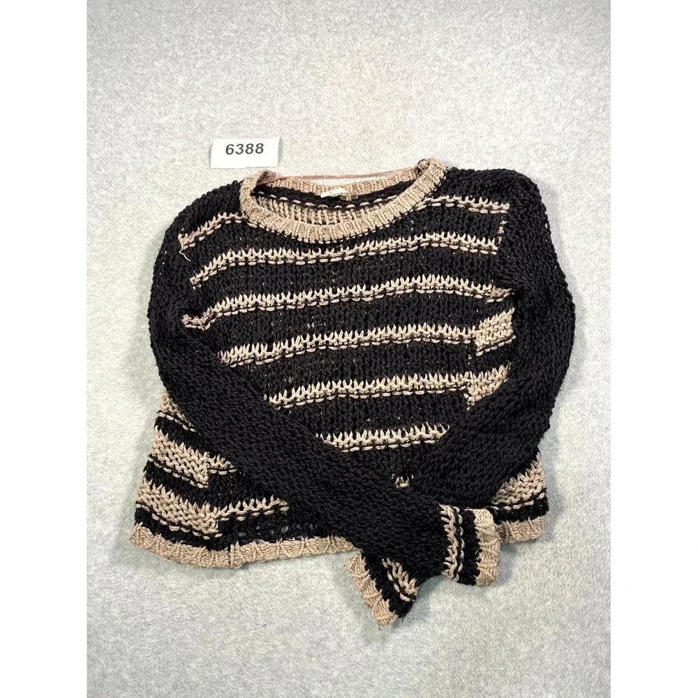 Free People Cropped Sweater Womens XS Black Beige Striped Chunky Knit‎ Pullover